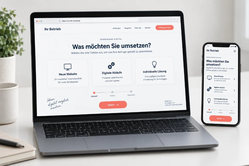 Illustration: eine Website mit Anfrage-Auswahl auf Laptop und Smartphone