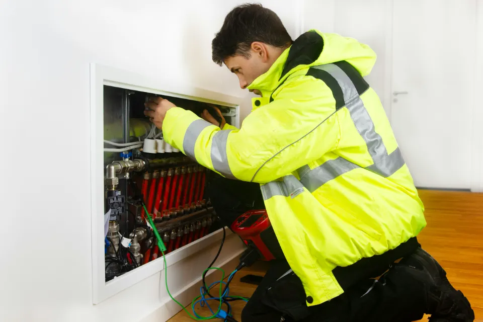 Ein Installateur in Warnjacke arbeitet am Verteiler einer Fußbodenheizung